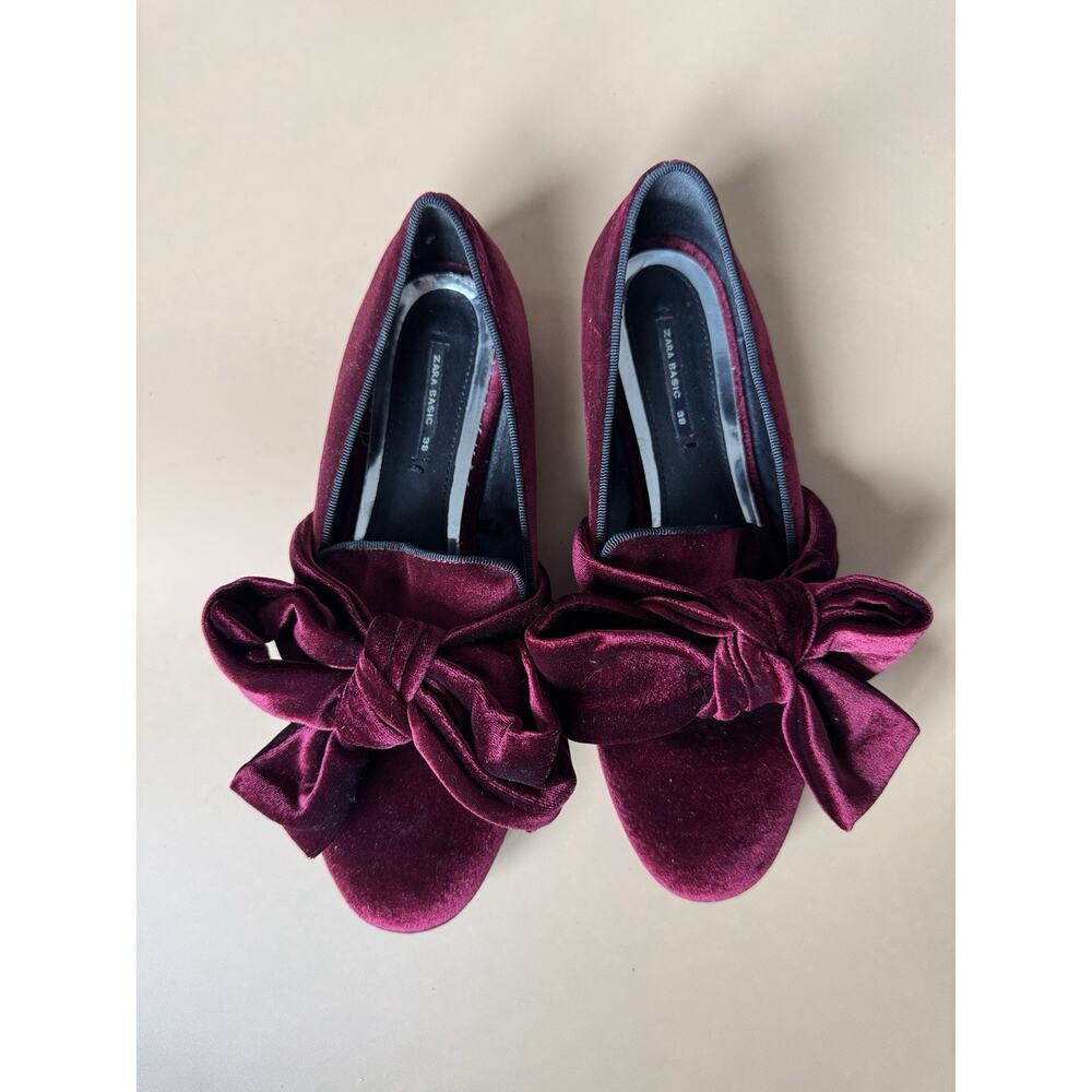Zara Women’s Burgundy Bow Velvet Flat Shoes Size 38 Balletcore US 7.5-8